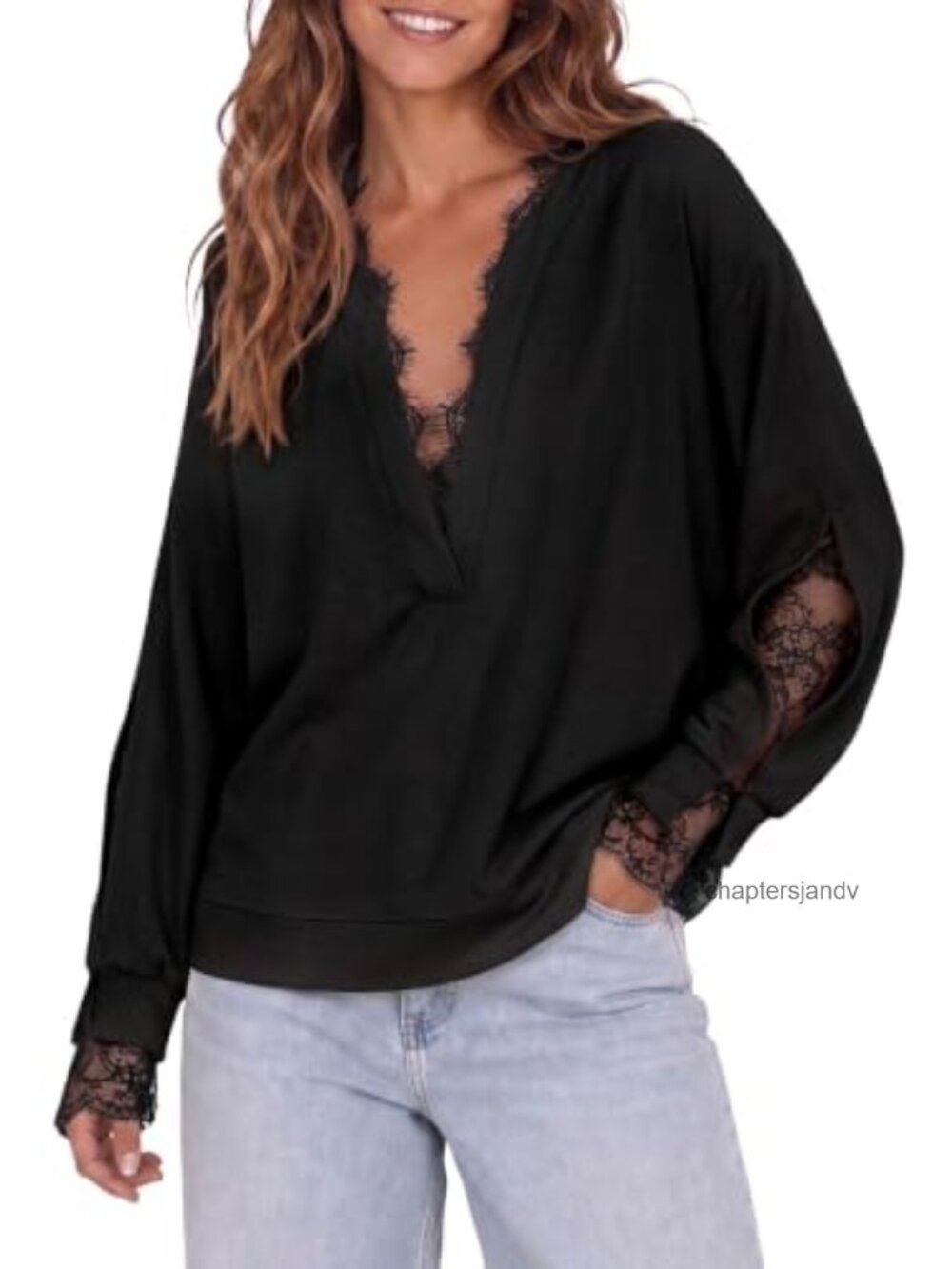 Oversized Deep V Neck Lace Pullover Sweatshirt Casual Long Sleeve Top